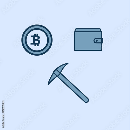 Cryptocurrency Icons Set with Bitcoin, Wallet, and Mining Pickaxe