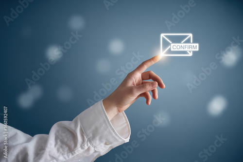 Email Confirmation Concept with Hand Touching a Glowing Envelope Icon on a Blue Background, Highlighting the Importance of Addressing Low Feedback