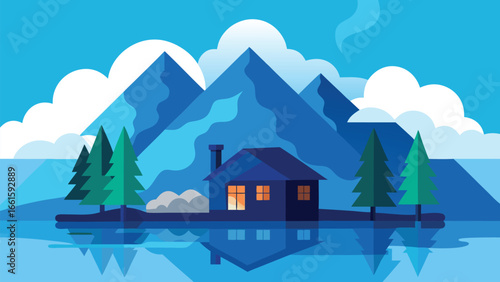 Peaceful mountain cabin with smoke curling from chimney over calm lake vector illustration