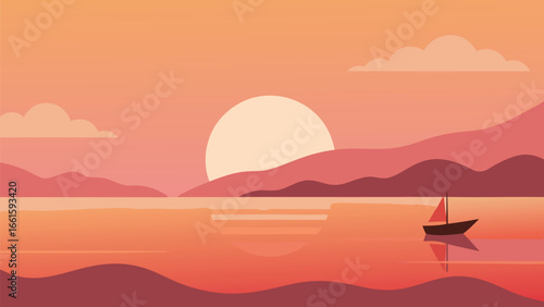 Serene sunrise over calm bay with boat silhouette peaceful landscape vector illustration eps