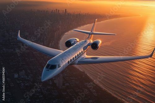 private white luxury jet flying at sunset over a big city, offering a glimpse of high-end travel and luxury, Generative AI