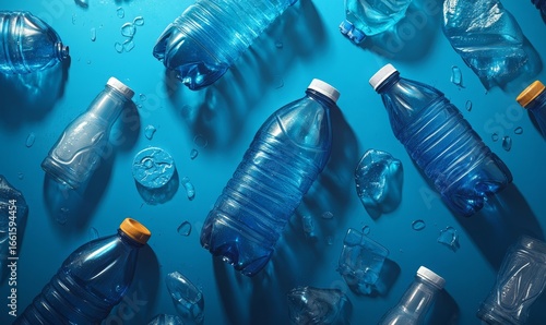 Various plastic bottles scattered against a blue background, highlighting the theme of recycling and plastic pollution. This image emphasizes environmental awareness and sustainability, Generative AI