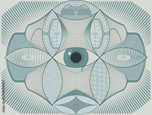 Abstract Technical Diagram of Multi-Layered Perception. A futuristic blueprint with a central eye and line shapes, representing complex data processing and flow and interconnected systems.