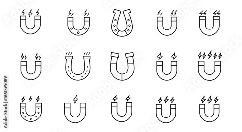 Various line icons of magnets with heat and flames on white background