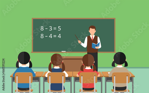 Teacher explaining subtraction to students in classroom with blackboard, math problems, educational setting, school learning, and attentive children.