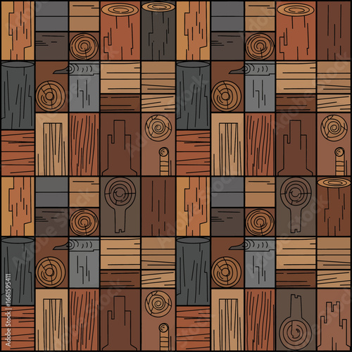 A graphic patchwork of arboreal illustrations, showcasing a diverse collection of stylized wood grains, log cross-sections, and timber textures in an earth-toned palette.