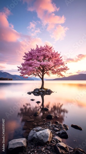 Pink blossoms on an island at sunrise