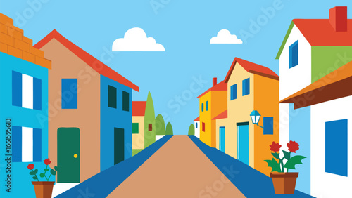 Quaint colorful village street scene vector illustration scalable for design projects