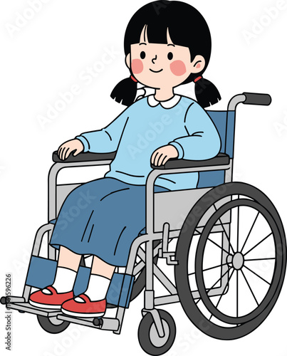 Vector illustration of happy young girl in wheelchair with pigtails, promoting disability awareness, mobility aid, and inclusive healthcare concept