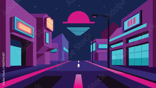 Retro neon cityscape at night with glowing signs and street lights