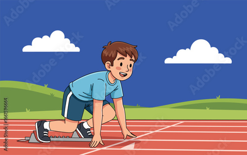 Young male athlete in sprint start position on track field with blue sky and green hills background, ready for competition