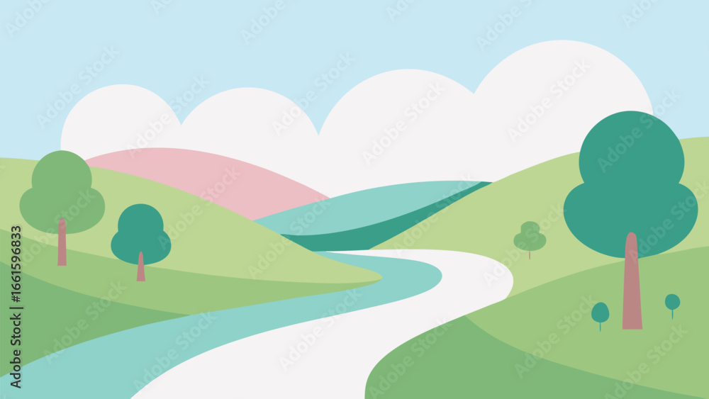 Fototapeta premium Serene rolling hill landscape illustration with soft pastel colors and winding path