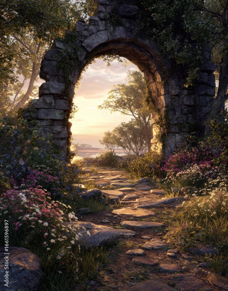 Obraz premium Ancient stone archway in a lush forest with sunlight filtering through trees and foliage