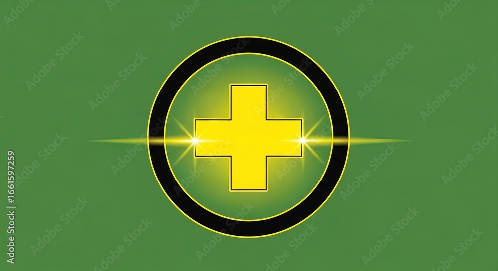 Obraz premium Bright yellow cross logo with glowing effects on green background