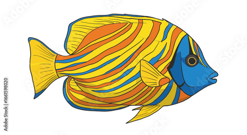 A cartoon fish blue head yellow tail orange and yellow striped body