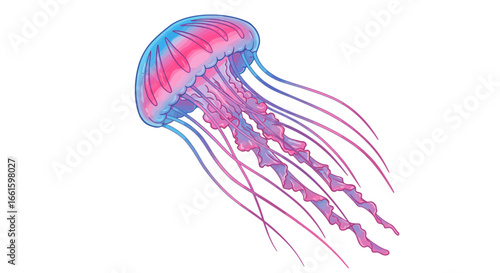 A cartoon jellyfish with a pink and blue hue tentacles trailing down