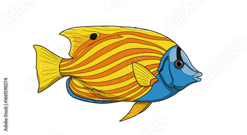 A stylized cartoon fish with yellow and orange stripes and a blue head