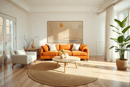 Sunlit living room with orange sofa and large abstract painting