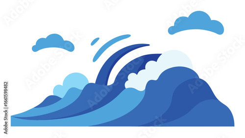 Vector illustration of crashing ocean waves against rocks stylized in blue shades