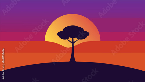Lone tree silhouette at sunset vibrant gradient sky serene landscape vector illustration