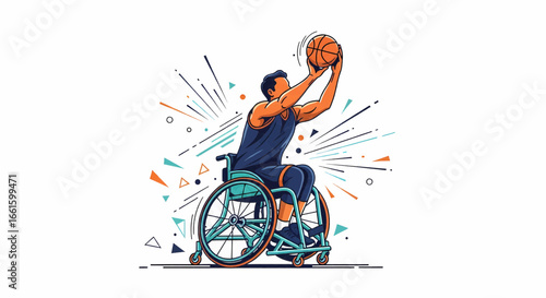 Dynamic vector illustration of a wheelchair basketball player in action, celebrating adaptive sports and athleticism. Adaptive athlete. 