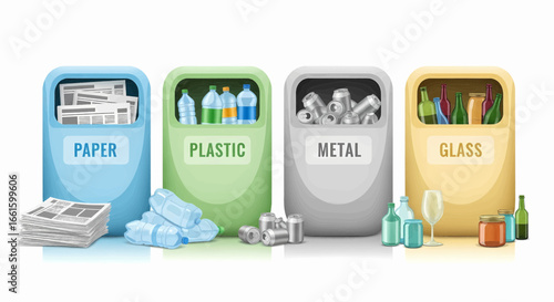 Sorting Recycling Bins Paper, Plastic, Metal, and Glass for Environmental Sustainability. Recycling Hub.