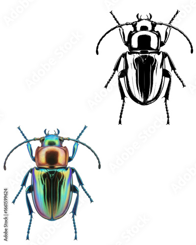 Stunning iridescent beetle illustration and its black and white counterpart nature beauty
