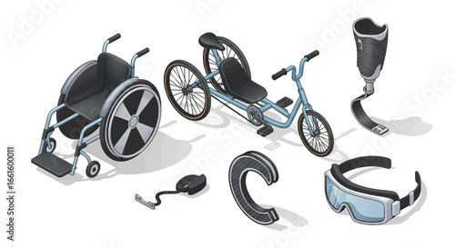 Assistive devices collection wheelchair, handcycle, prosthetics, and smart glasses for disability support and enhanced mobility. Adaptive athlete gear. 