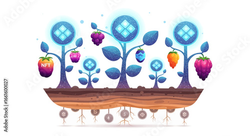 Conceptual illustration of digital asset growth, with glowing NFT plants symbolizing cryptocurrency investment and blockchain technology returns. Web3. 