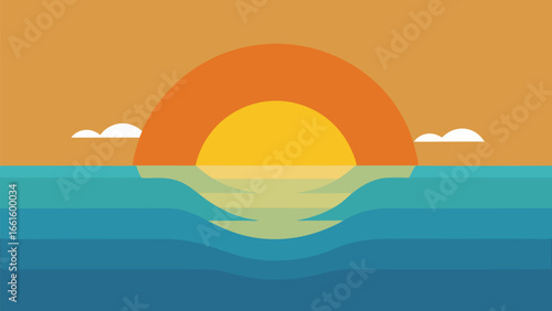 Stylized vector sunrise over ocean calm water reflection soft colors