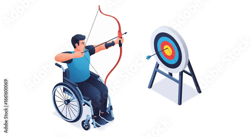 Paralympic Archer in Wheelchair Practicing Archery with Target. Adaptive athlete.