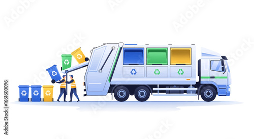Sanitation workers loading segregated garbage into a recycling truck. Concept of waste management, urban ecology, and environmental sustainability.