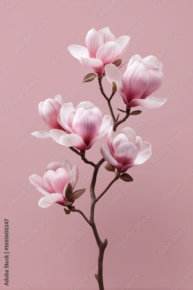 Fototapeta premium Blooming magnolia branch stretching from top to bottom in vertical orientation, pastel background, elegant look.