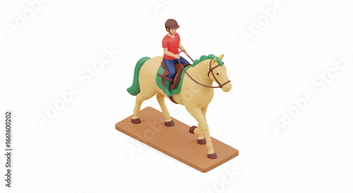 Equestrian hobby concept with a miniature rider and horse figurine. 3D rendered toy isolated on a white background for design. Adaptive athlete.