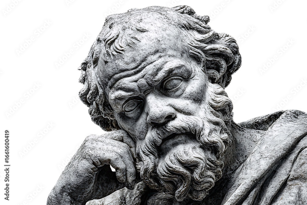 Obraz premium Detailed close-up of stoic Socrates marble statue on white backdrop