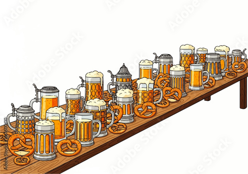 Assortment of Frothy Beer Mugs and Pretzels on a Wooden Table