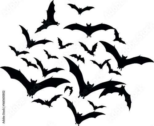 An illustrative asset showcasing a captivating silhouette swarm of bats gracefully flying, perfect for spooky Halloween designs and nocturnal wildlife themes.