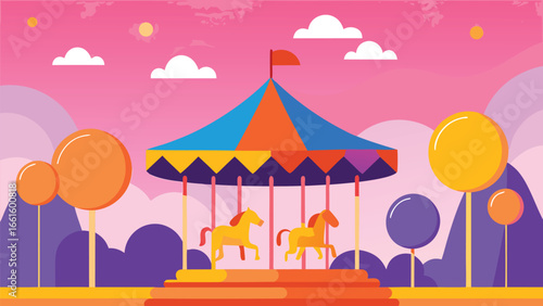 Vibrant stylized carousel illustration with horses and festive colors ideal for amusement park designs