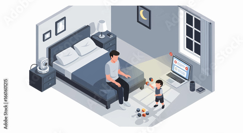 Father and his young son using a laptop for educational play during their evening routine in a modern smart bedroom. Parent Burnout. 