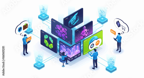 Isometric illustration of a virtual marketplace with people trading digital game assets and collectibles in the metaverse. Metaverse meeting. 