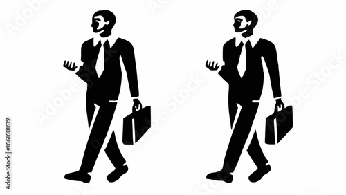 Two identical black and white illustrations of a businessman walking with a briefcase in hand silhouette