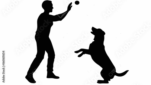 Silhouette of a person throwing a ball for a dog that is standing on its hind legs to catch it
