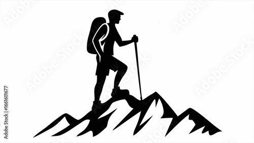 Silhouette of a hiker with backpack and trekking pole on a mountain peak in black and white illustration