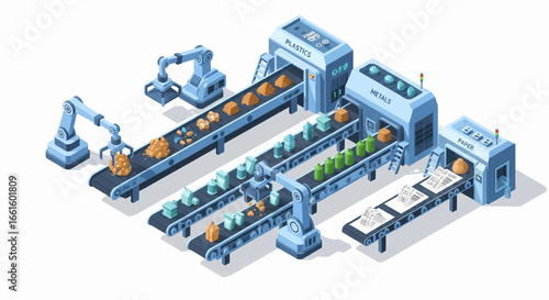 Modern Automated Industrial Production Line with Robotic Arms and Conveyor Belts Transforming Raw Materials into Finished Products in a Smart Factory Environment
