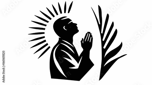 Silhouette of a man in prayer with hands clasped together next to a palm frond and radiating light