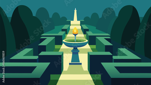 Stylized garden maze with tall hedges and glowing fountain centerpiece vector illustration