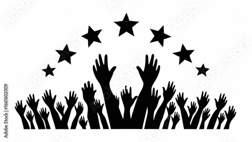 Silhouette of many hands reaching upwards towards a row of seven stars in a black and white design