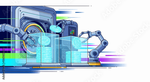 Automated Money Handling Robotic Arms Managing Stacks of Coins in a Futuristic Setting. Web3. 