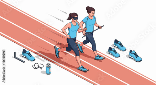 Empathetic Guide Runner Assisting a Visually Impaired Athlete on a Track, Showcasing Teamwork, Inclusivity, and Dedication in Sports Training. Adaptive athlete.