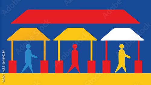 Stylized market scene with colorful stalls and figures vector illustration flat design